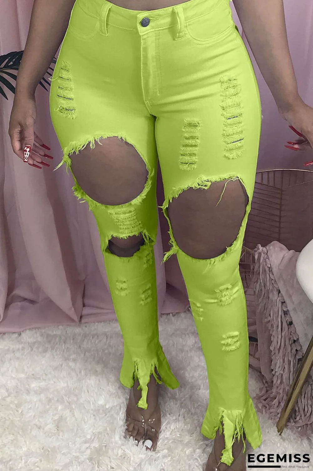 Fluorescent Green Fashion Casual Solid Ripped Skinny Broken Hole Trousers | EGEMISS