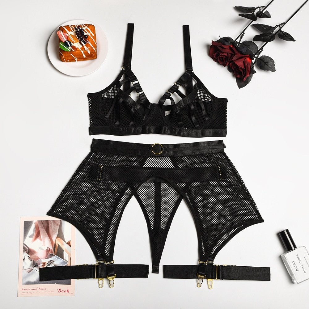 MIRABELLE 3-Piece Mesh Lingerie Set Hollow Out Bra and Panty Sets Sexy Underwear Erotic Costumes Sex Suit Lingerie with Garters