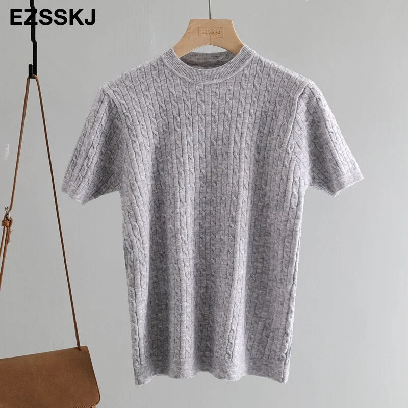 cashmere spring  knit T Shirt Short Sleeve Women summer loose o-neck T Shirt chic solid color Basic t-shirt Tee Shirt Female top