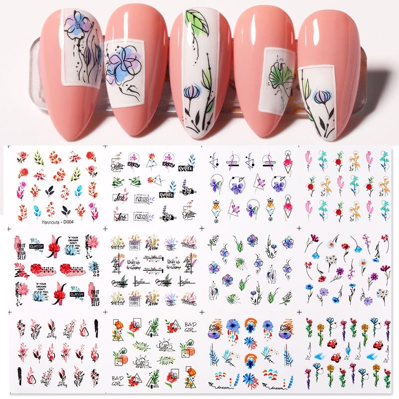 12Pcs Leaves Flowers Design Water Decals Stickers For for Nails Inscriptions Nail Art Decoration Tips