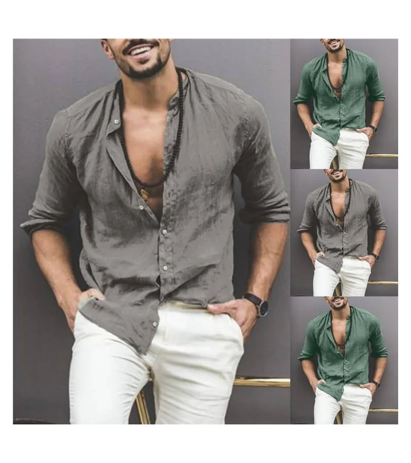 Men Casual Solid Color Stand Collar Loose Shirt S-2XL