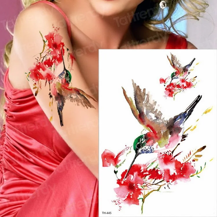 Watercolor Hummingbird Temporary Fake Tattoo Body Art Sticker Waterproof Hand Bird Tattoo for Women Arm Men Tattoos Water Color