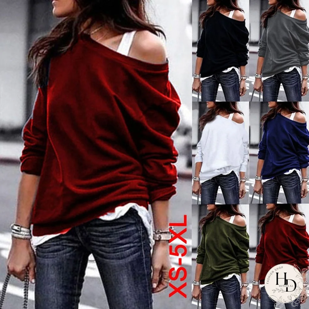 Autumn and Winter Women New Fashion Style One Shouder Casual Soft Long Sleeve T-Shirt Ladies Solid Color Cotton Tops Blouse Plus Size S-5XL