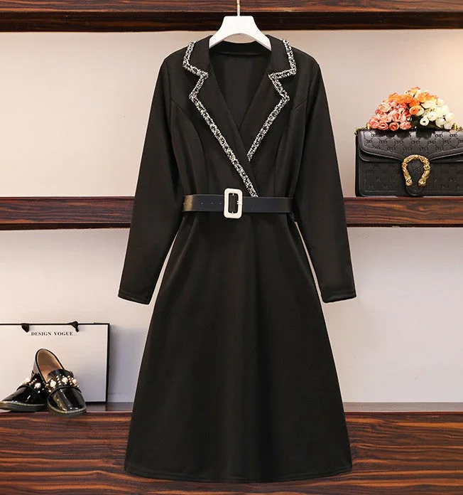 L-5XL Plus Size Vintage Long Sleeve Tweed Black Dress BE361