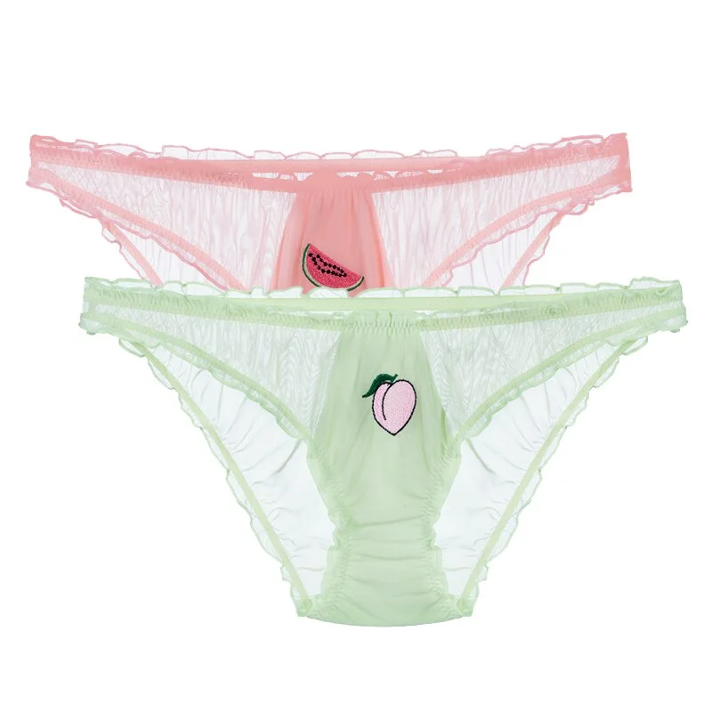 Women Sexy Lace Lingerie Temptation Low-waist Transparent Panties Fashion Female Fruit Embroidery Briefs Sweet Underwear 1/2PCS