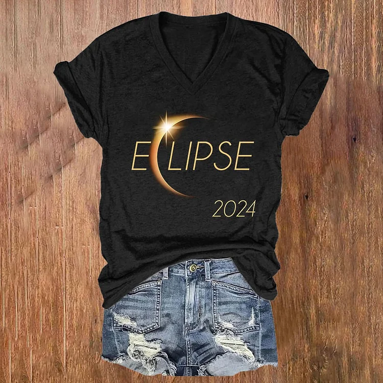 Comstylish Retro Solar Eclipse 2024 Print Casual V-Neck T-Shirt
