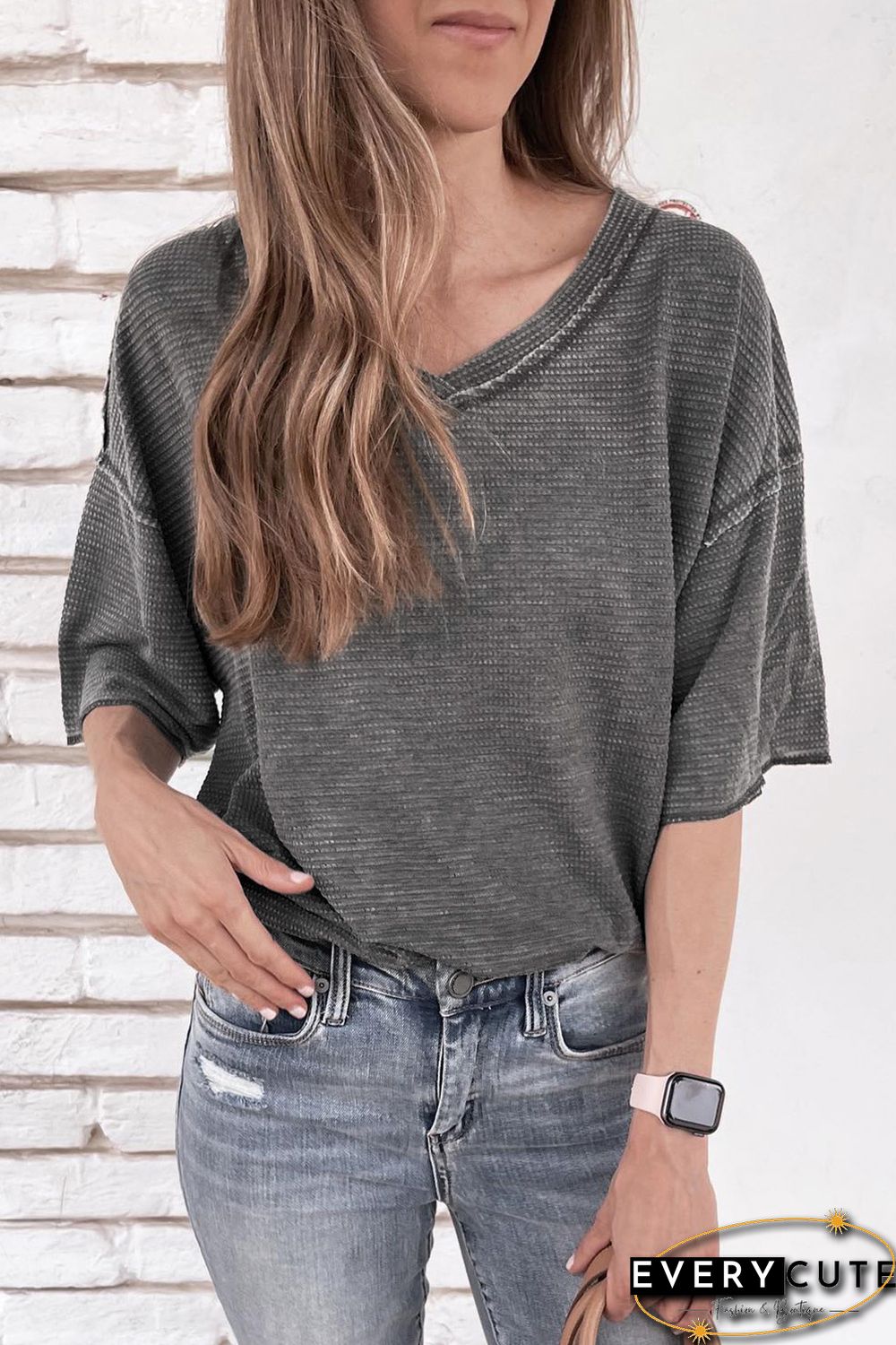 Gray Waffle Knit Seamed Half Sleeve V Neck Top