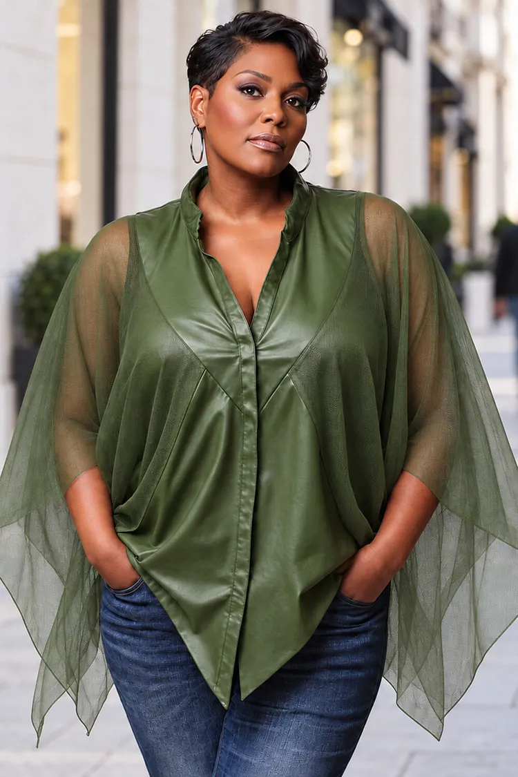 Xpluswear Design Plus Size Business Casual Tulle Army Green Mock Neck 3/4 Sleeve Asymmetric Hem Irregular Hem See Through PU Leather Blouses [Pre-Order] 2024 - Xpluswear