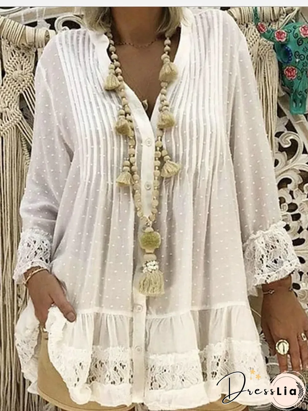 Women's Plus Size Blouse Shirt Solid Colored Long Sleeve Lace Pleated V Neck Tops Loose Basic Top White Blushing Pink Khaki-817