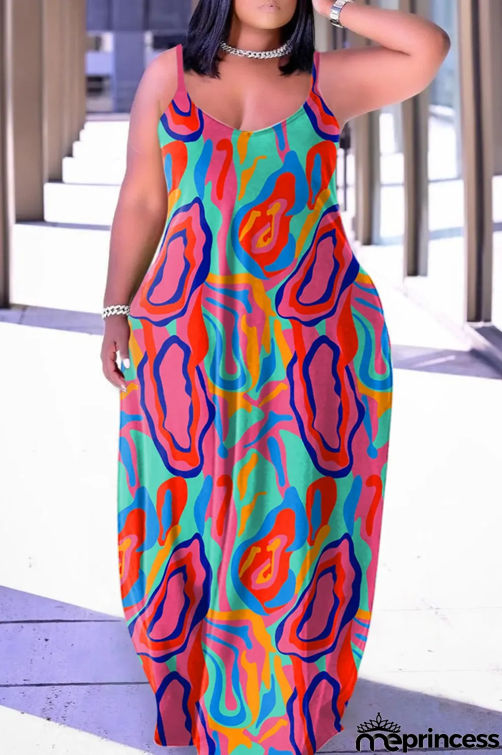 Rose Red Casual Print Patchwork Spaghetti Strap Sling Dress Dresses