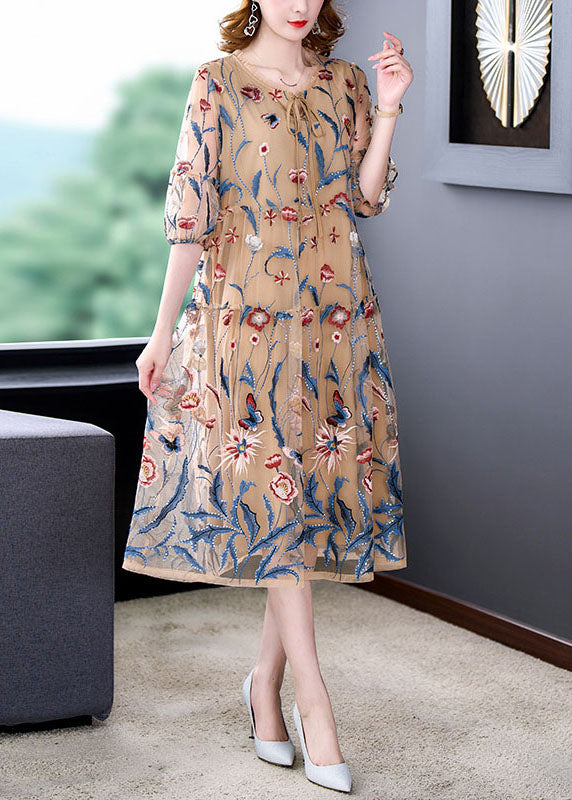 VCSHOES Classy Khaki Embroideried Wrinkled Lace Up Patchwork Silk Dresses Summer