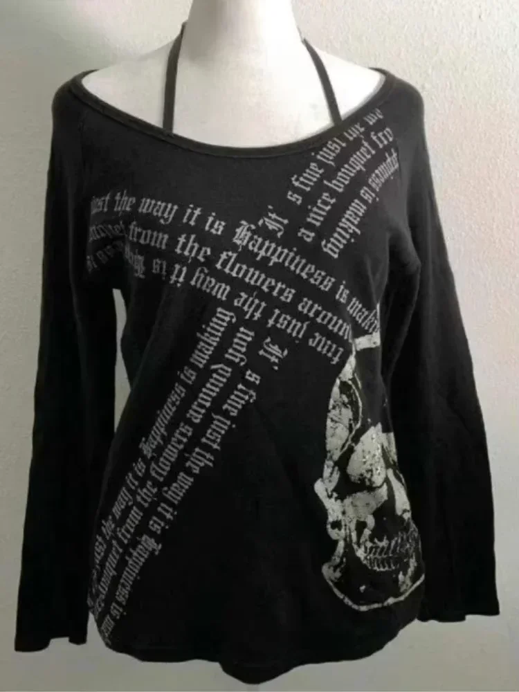 Aonga Vintage Gothic T-shirts Women Y2k Black Punk Graphic T-shirt Grunge Retro Sexy V-neck Cotton Tees Aesthetic Harajuku Tops New aonga