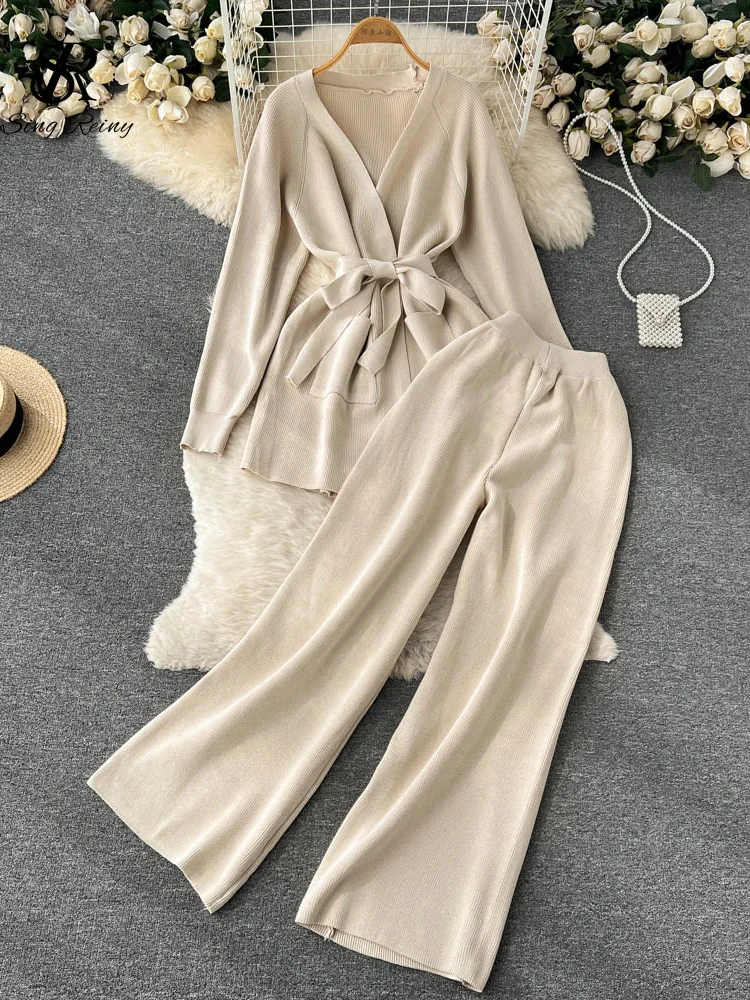 Huibahe Winter Casual Two Pieces Suits Long Sleeve Knitted Cardigan Coat+Elastic Waist Wide Leg Pant Female Loose Sweater Sets