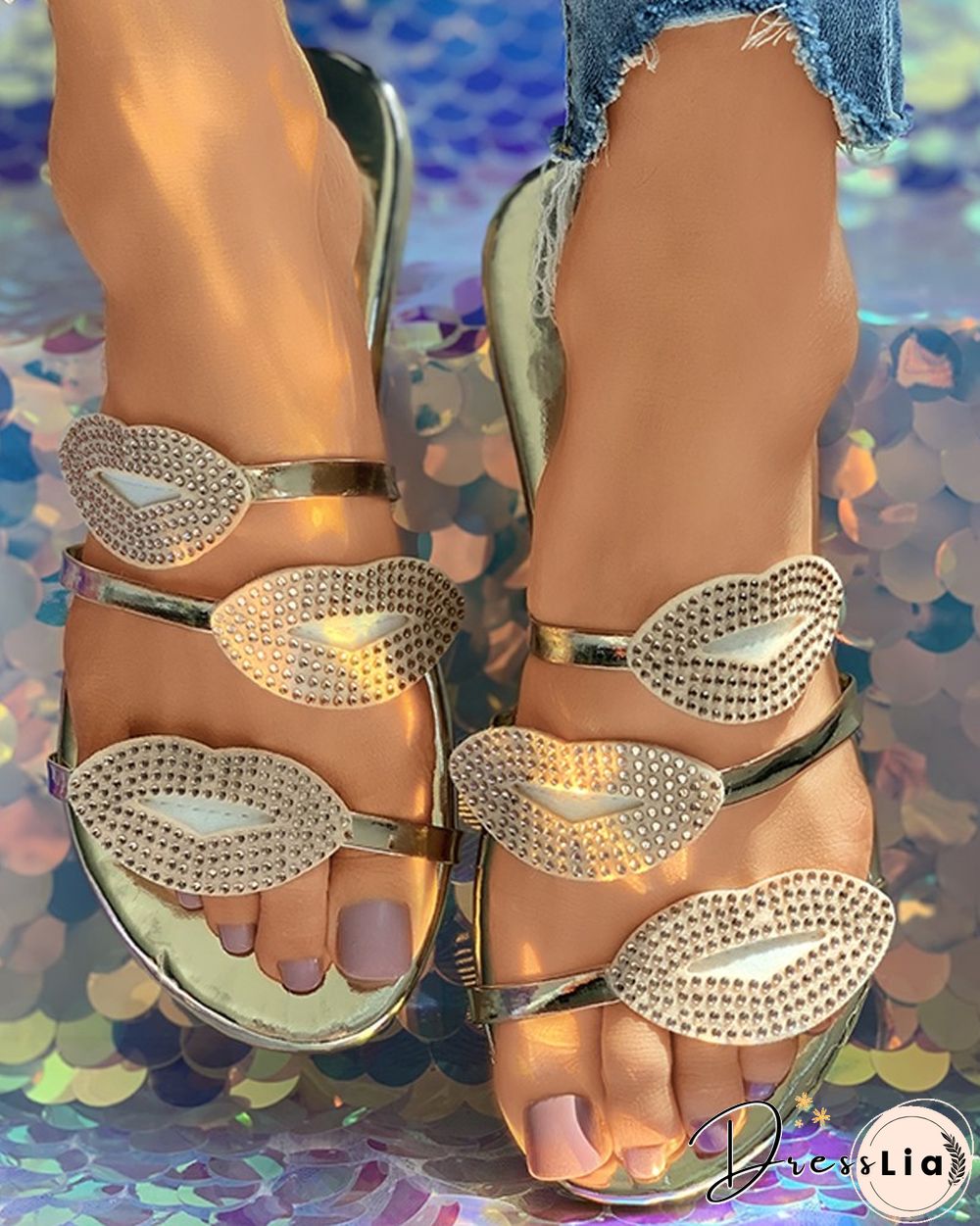 Lip Pattern Rhinestone Flat Sliders