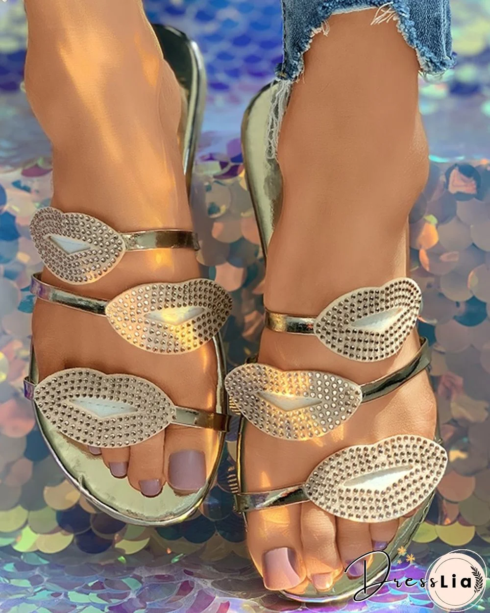 Lip Pattern Rhinestone Flat Sliders