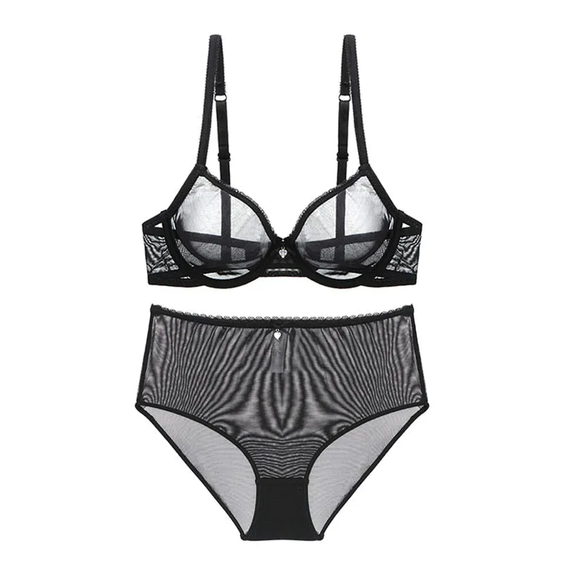 Varsbaby Sexy See-Through Underwear Transparent High-Waist Briefs Yarn Bra And Panty Set