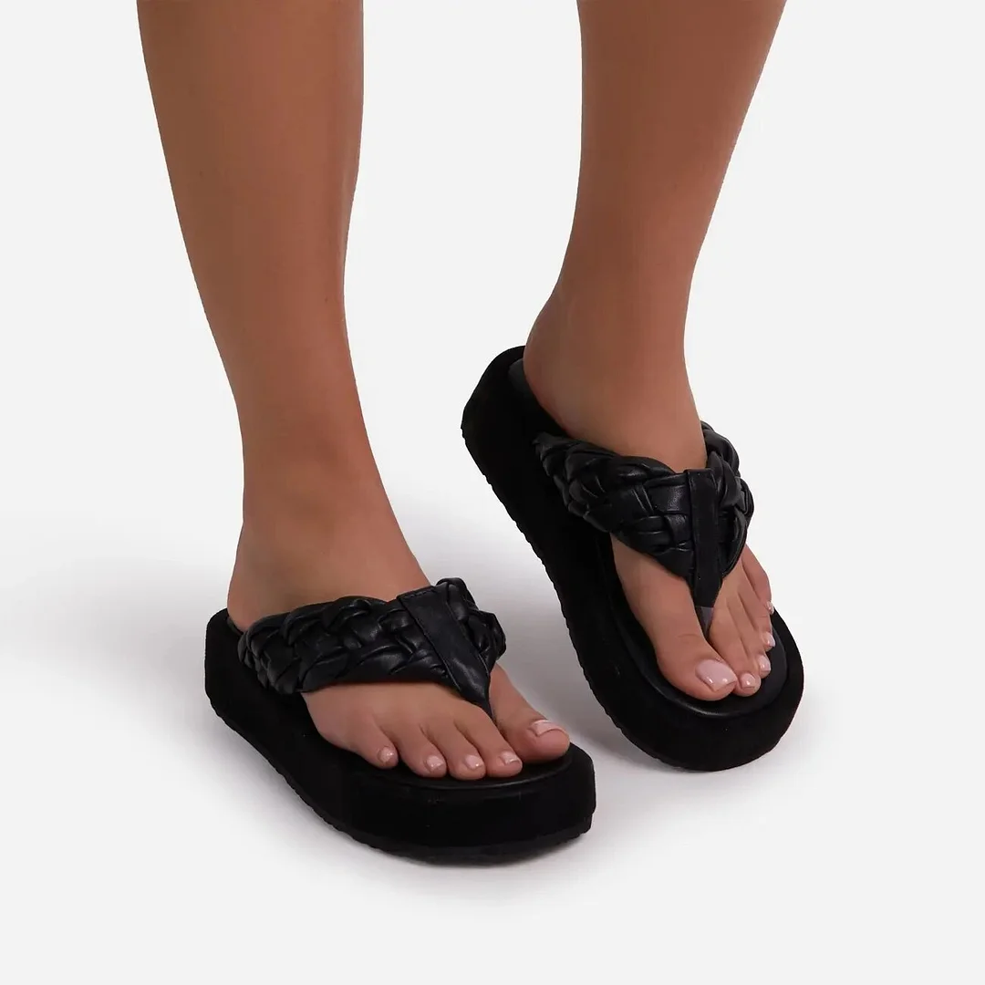 Summer Elegant Design Women Slippers Platform Flat Pu Leather Weave Strap Thick Sole Outdoor Beach Flip Flops Trend Ladies Shoes