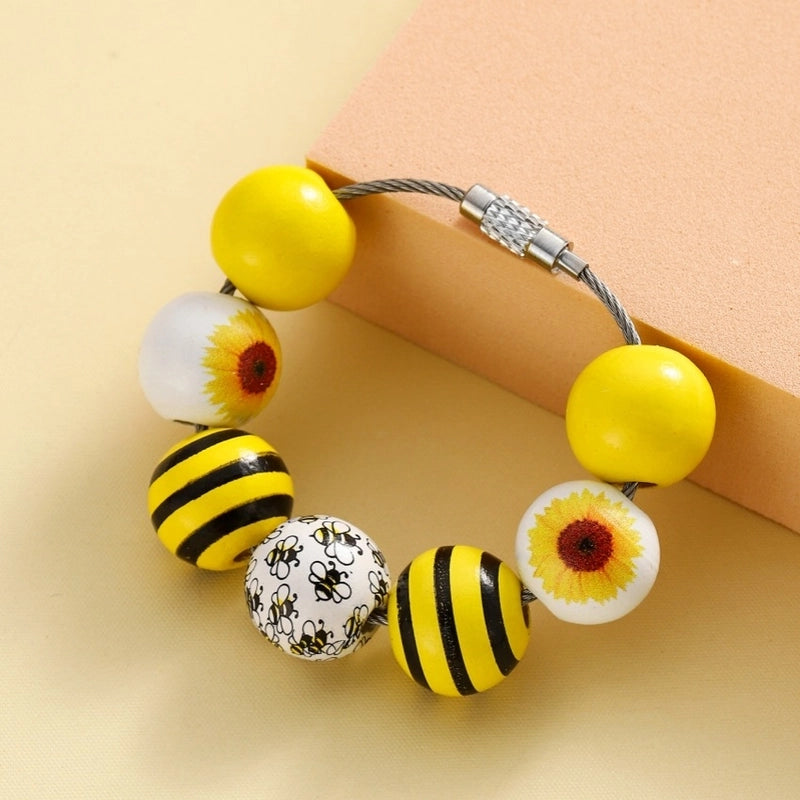 2 Pieces Cute Bee Wood Unisex Bag Pendant Keychain
