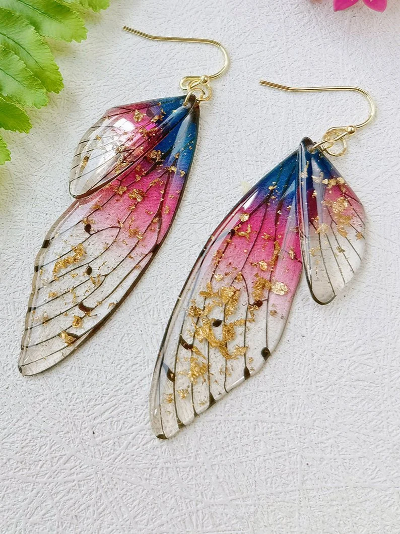 Butterfly Wing Handmade Crystal Gold Foil Earrings