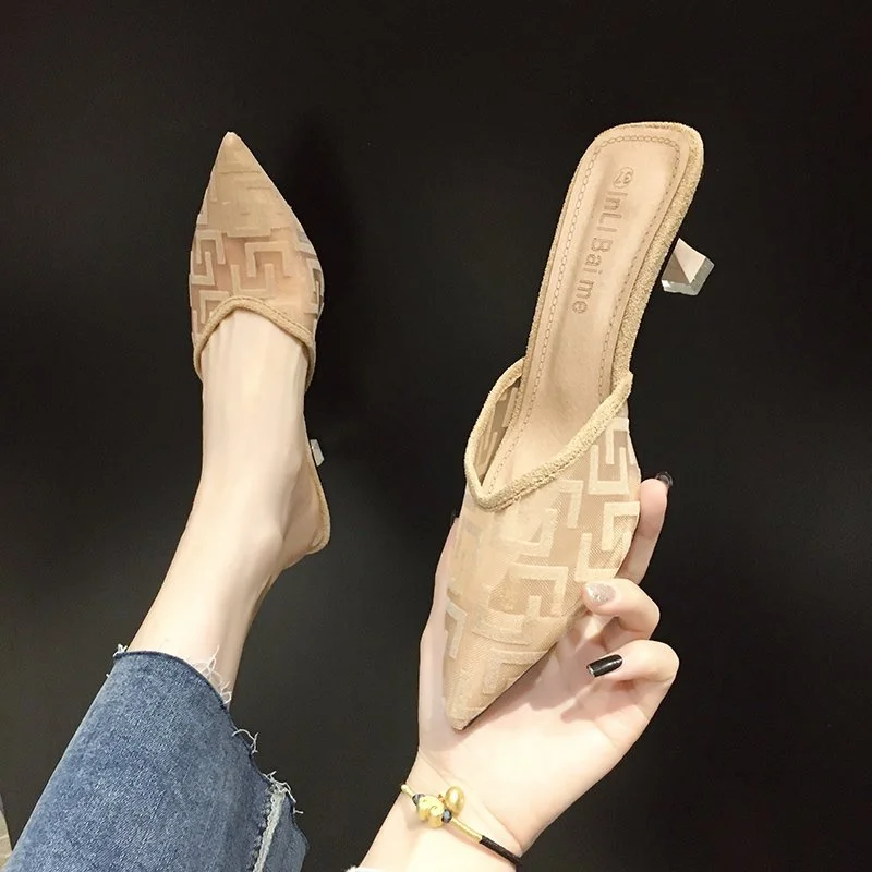 Breakj Breakj Half Slippers Women Wear 2024 New Summer Mesh Tips High Heels Fine Heel Temperament Cool Slippers Women