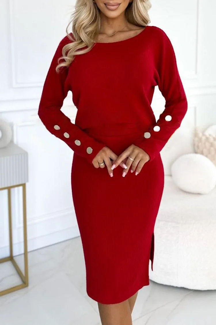 Women's Round Neck Long Sleeve Casual Button Design Dress Suit