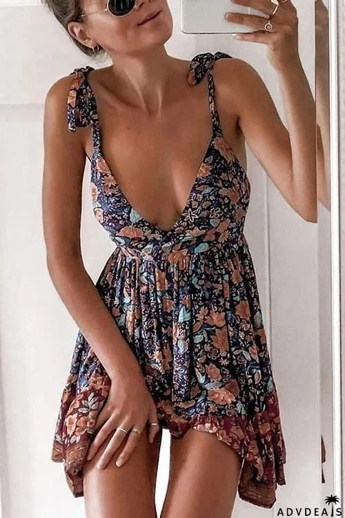 Floral Deep V Neck Slip Mini Dress