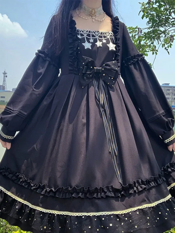Black Gothic Lolita Dress Long Sleeve Stars Printed Pleated Swing Dress with Bow Novameme