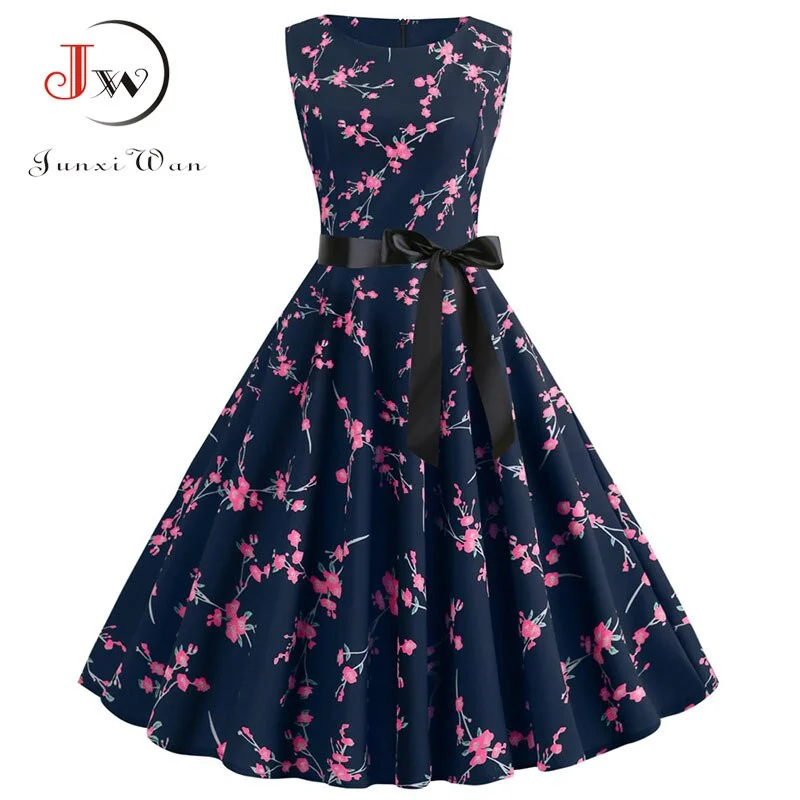 White Floral Print Women Summer Dress Sleeveless Elegant Vintage Party with Belt 50s 60s Robe Femme Casual Midi Dress