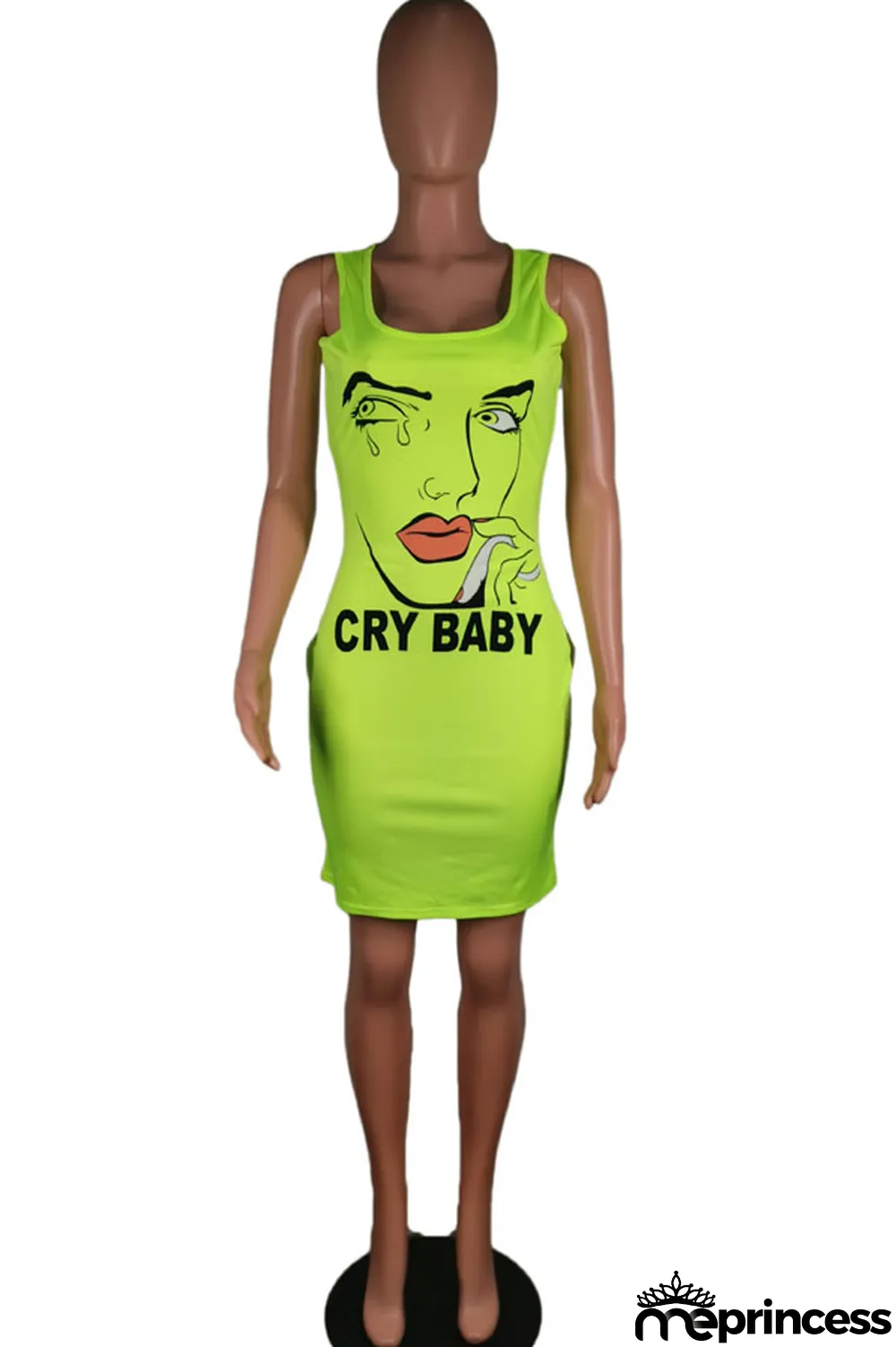 Pink Polyester Sexy White Green Pink Yellow Spaghetti Strap Sleeveless Slip Sheath Knee-Length Print Dresses