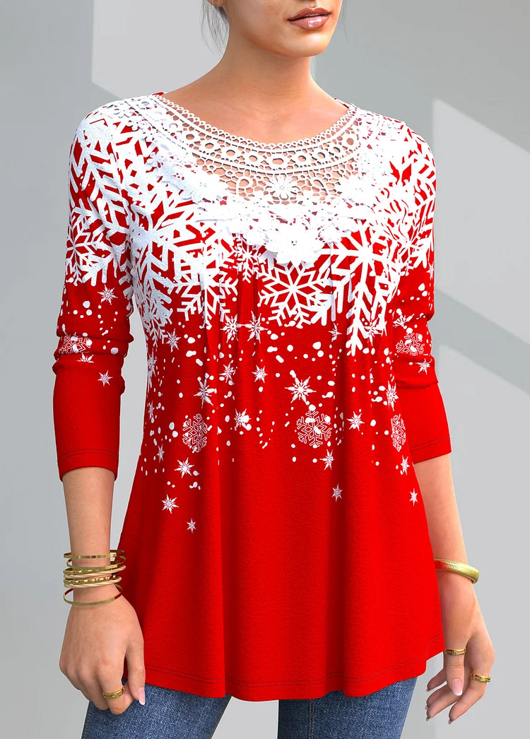 Christmas Plus Size Snowflake Print Long Sleeve T-shirt VangoghDress