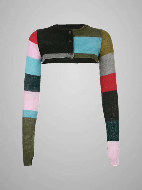 Street Dashion Color Block Buttoned Long Sleeve Knitted Cape