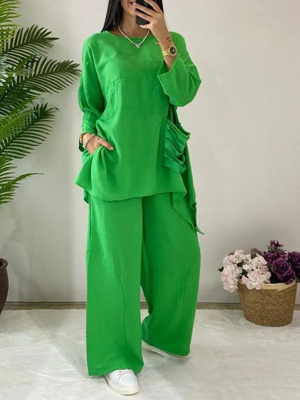 Women's Round Neck Long Sleeve Casual Cut Pocket Design Suit