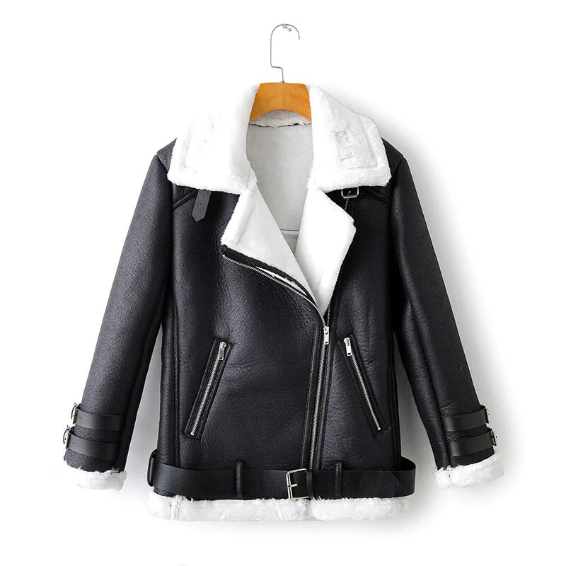 FTLZZ New Winter Women Faux Lamb Leather Jacket Turn Down Collar Wool Fur Collar Pu Moto Zipper Jacket Warm Thick Outerwear