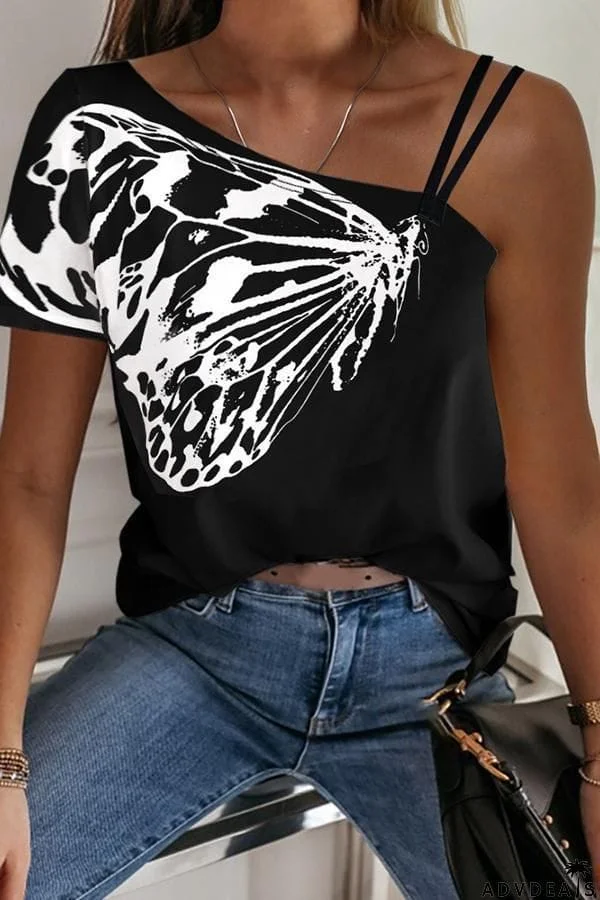 Butterfly Printed One-shoulder Strap T-shirt (2 Colors)