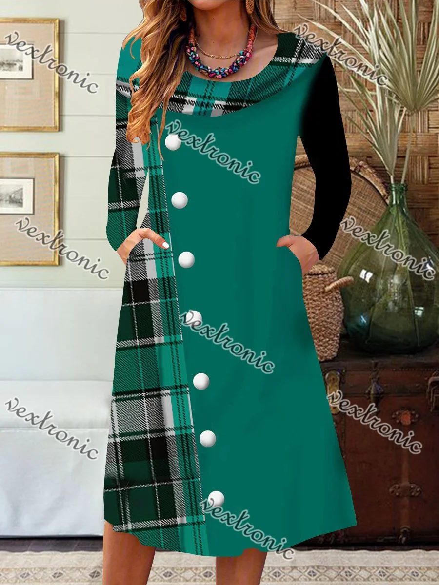 Women Long Sleeve Scoop Neck Plaid Buttons Pockets Midi Dress