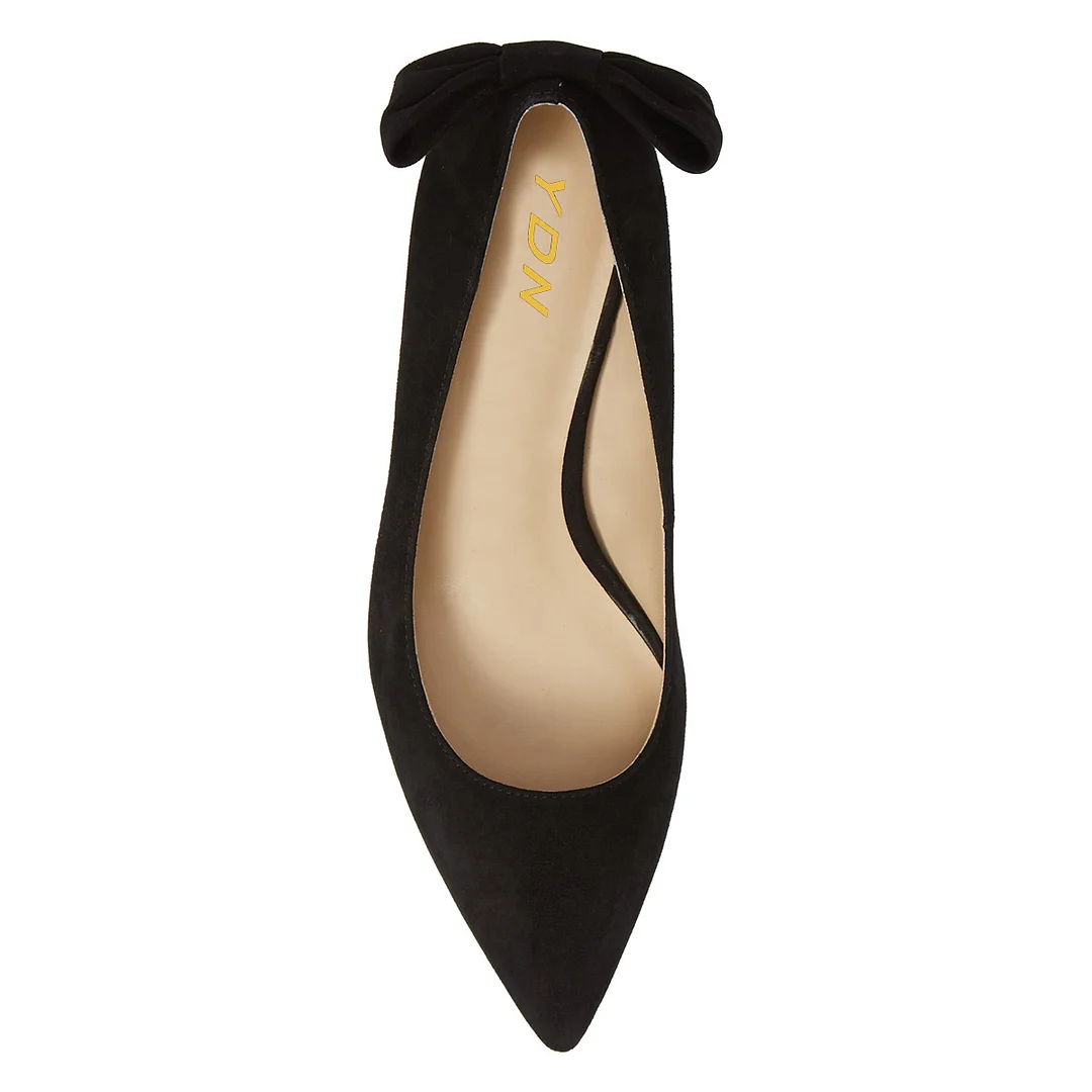 Black Vegan Suede Pointed Toe Slip On Kitten Heel Pumps with Bow