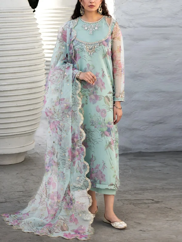 Round Neck Mesh Printed Top And Pants Suit