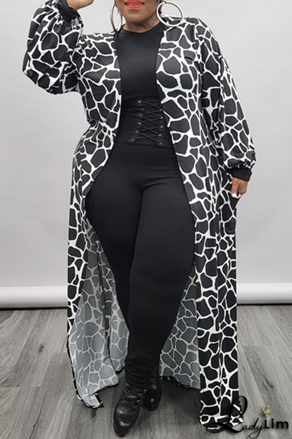 Brown Fashion Casual Print Cardigan Plus Size Overcoat