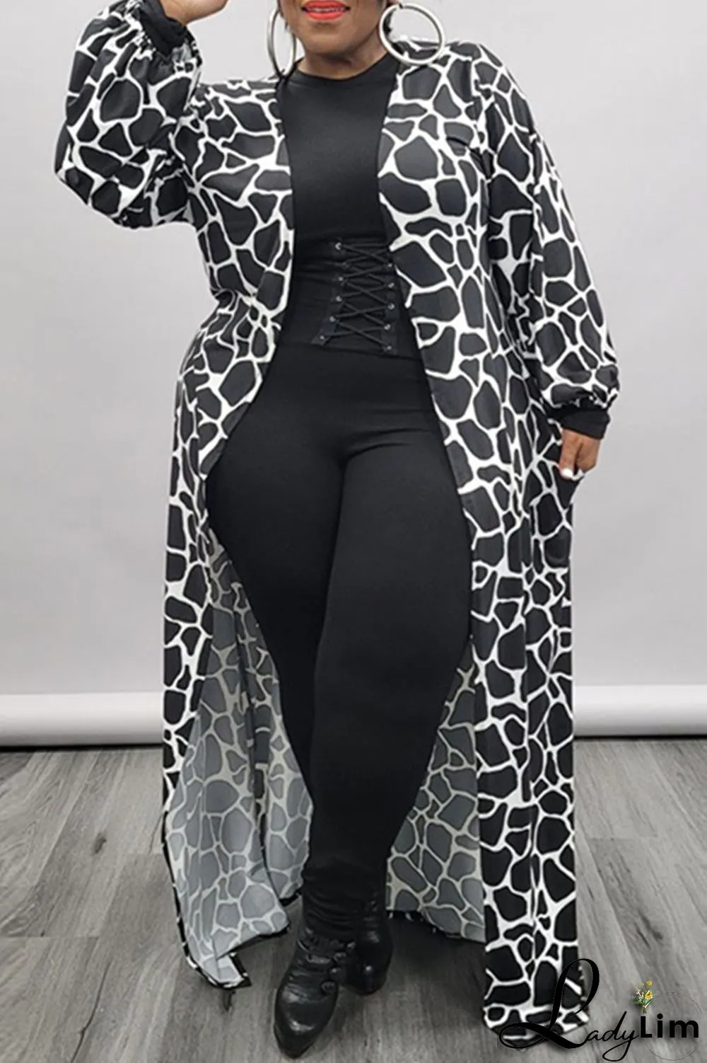 Brown Fashion Casual Print Cardigan Plus Size Overcoat