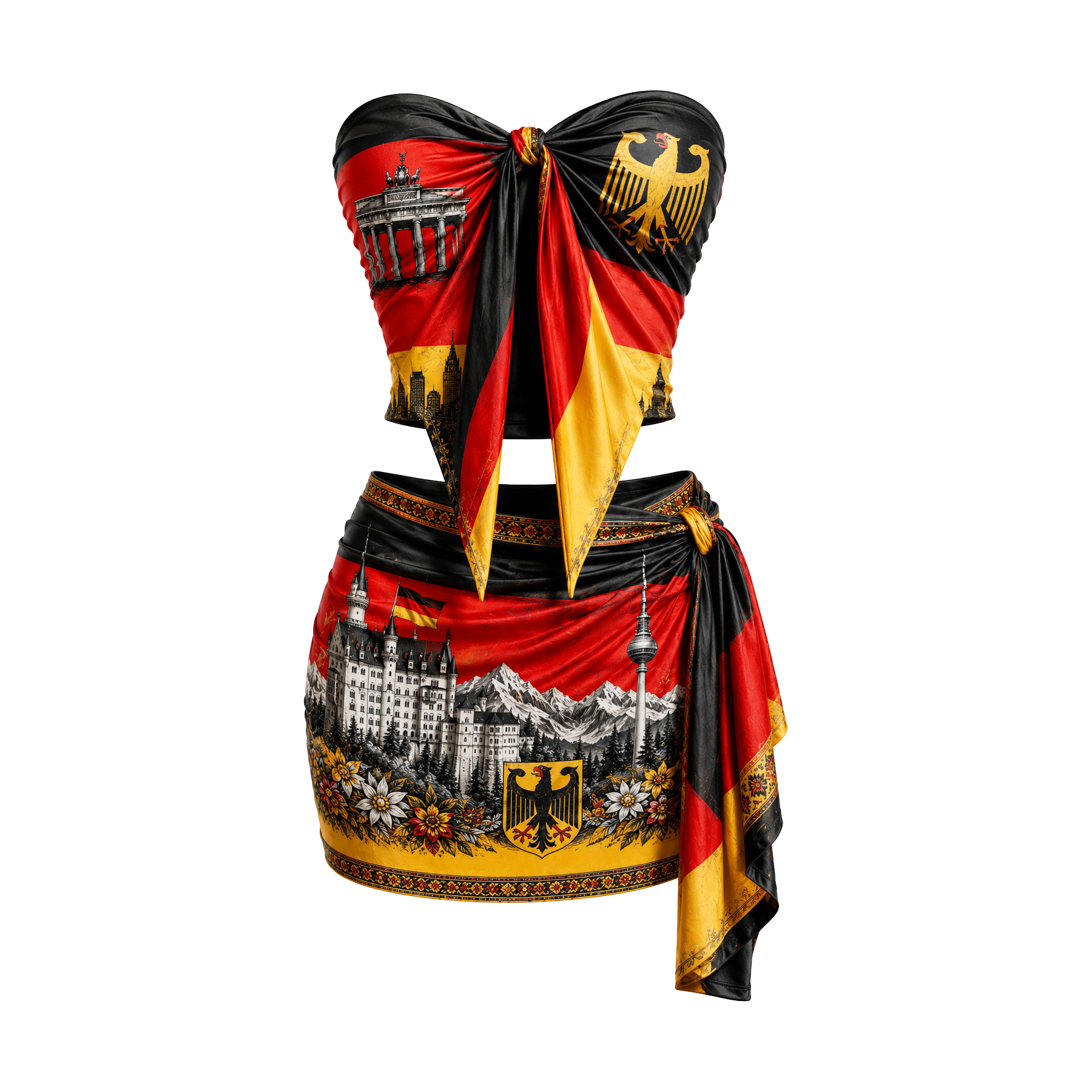 Women's German-style Print Two-piece Set: Crop Tube Top And Form-fitting Side-lace-up Mini Skirt&mdash;beach Outfit. Avantcool