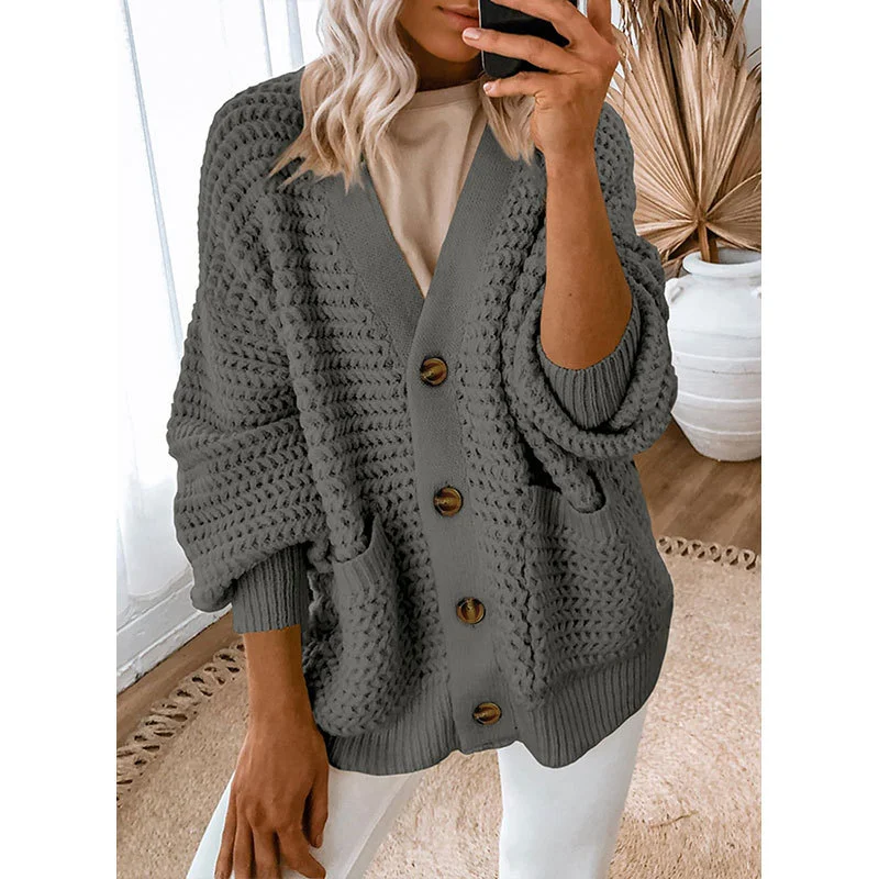 Athvotar Athvotar And Winter New Single-Dbutton V-Neck Sweater Women Loose Lantern Sleeve Jacket