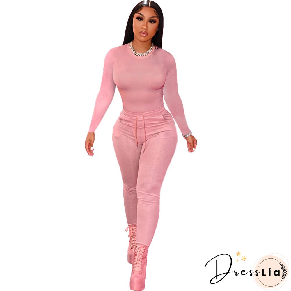 Solid Long Sleeve T Shirt Lace Up Pants Set