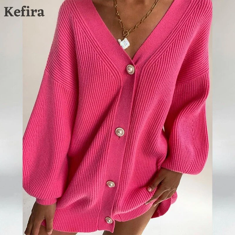 Kefira 2021 V Neck Cardigan For Women Knitted Long Sleeve Sweater Oversize Cardigan Autumn Winter Button Loose Casual Jumper