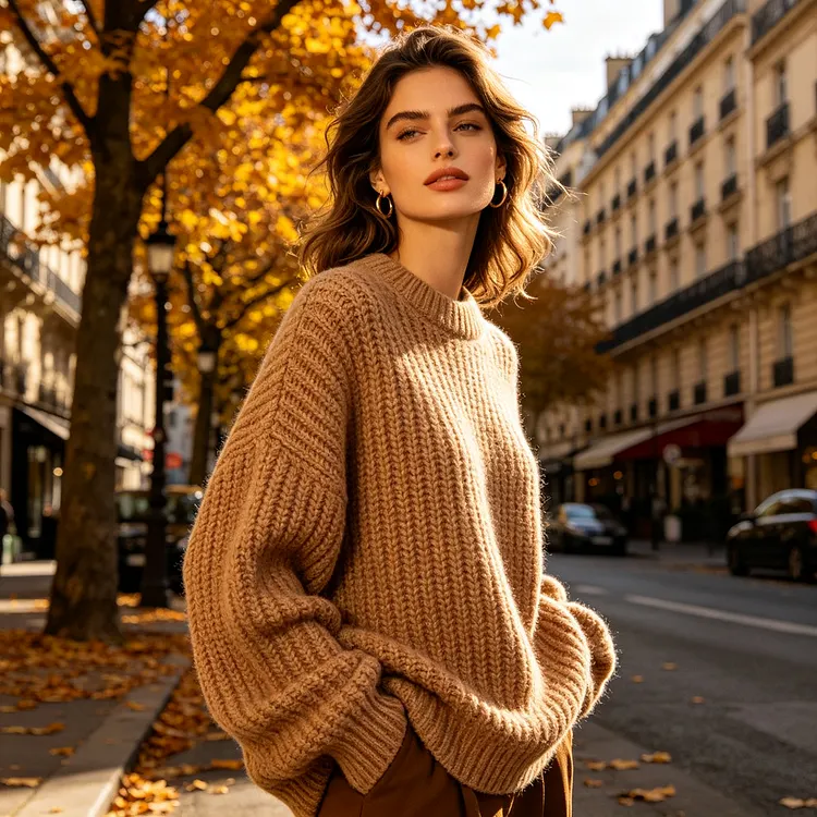 Camel Crewneck Chunky Sweater