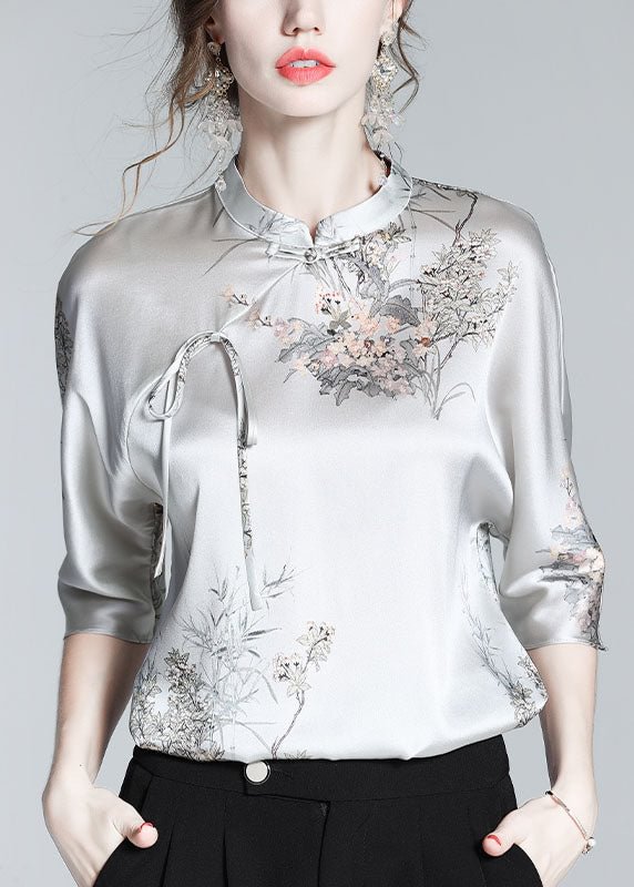 French Grey Stand Collar Oriental Silk Shirt Top Half Sleeve
