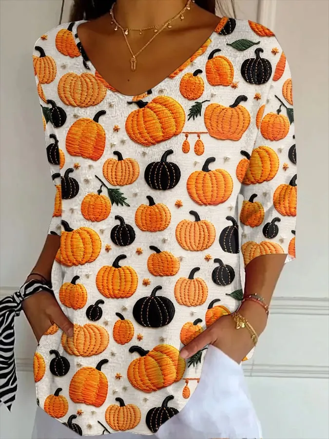 Women's Casual Autumn Pumpkin Striped T-Shirt 