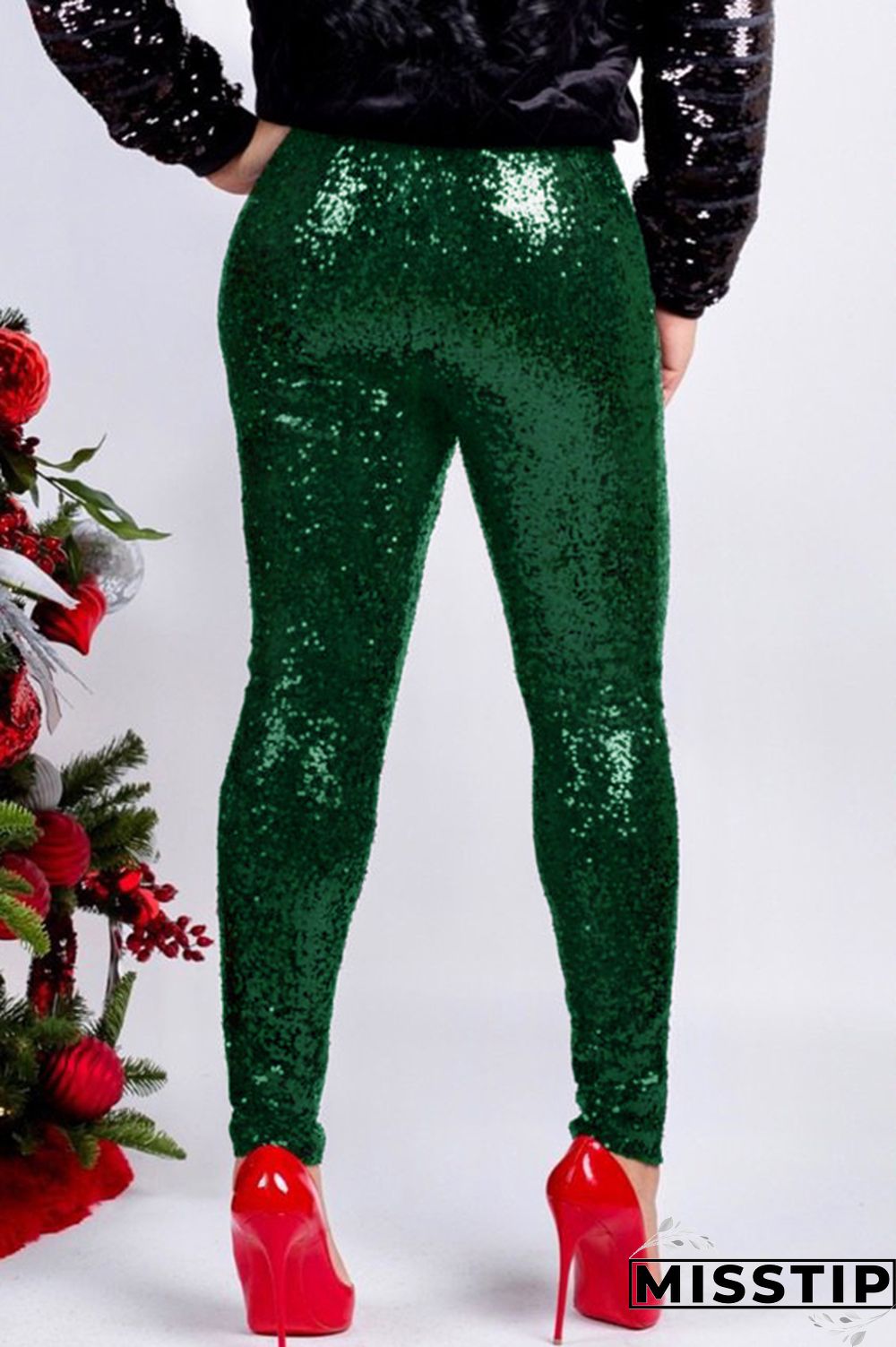 Red Fashion Party Solid Sequins Sequined Skinny Mid Bottoms