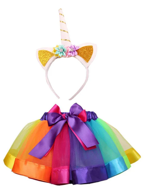 Girls Unicorn Cosplay Costume Color Block Child Mini Skirt With Headband Christmas Gift Novameme