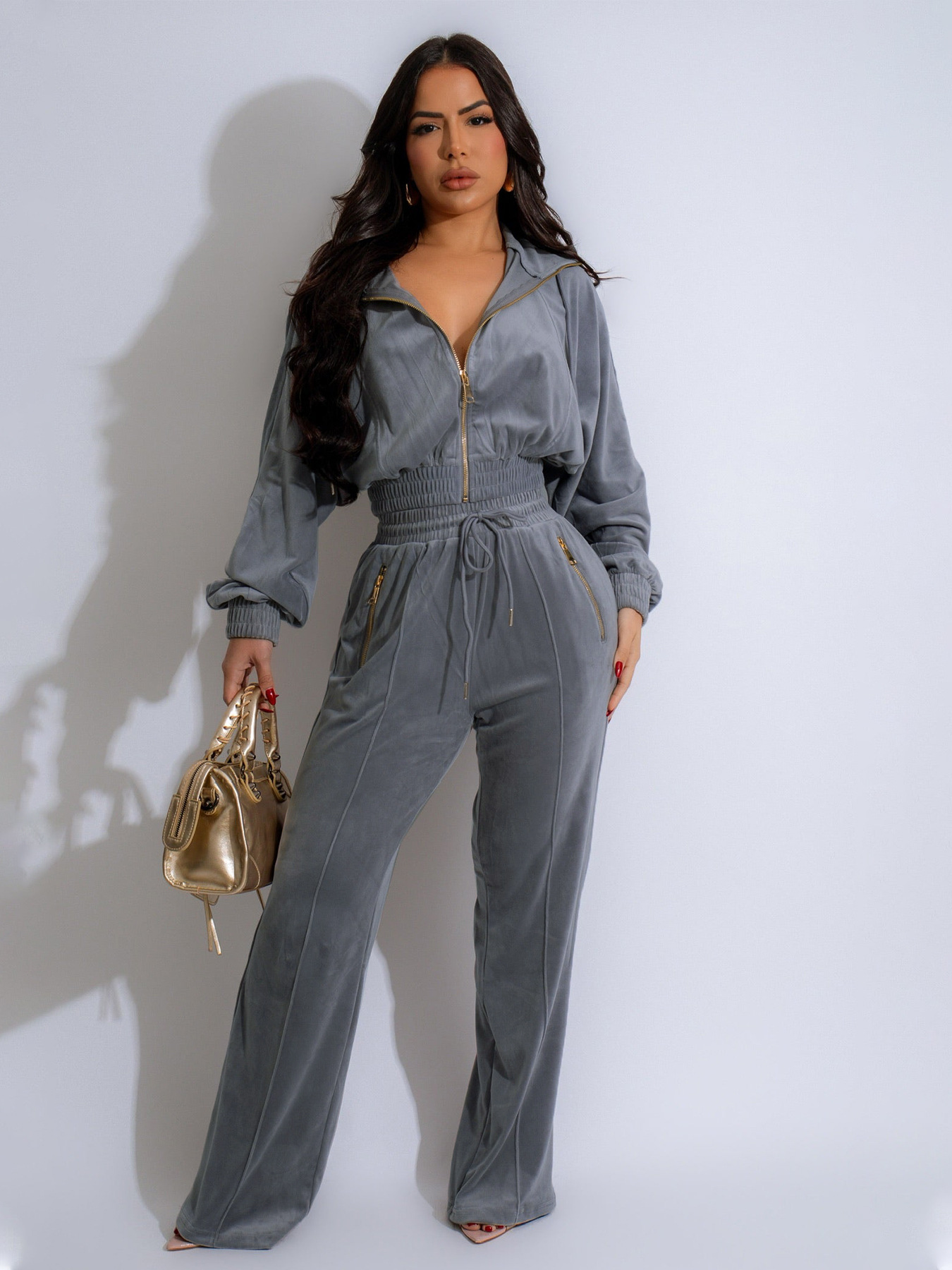 Women's Long Sleeve Collared Zip-Up Cardigan and Pants Winter Two-Piece Set-1120