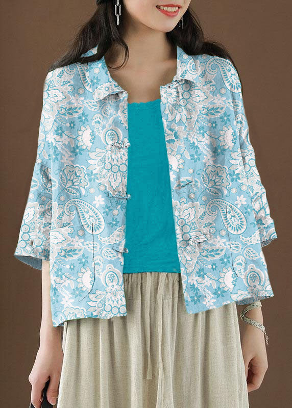 VCSHOES blue cashew nuts Peter Pan Collar Pockets Summer Linen top